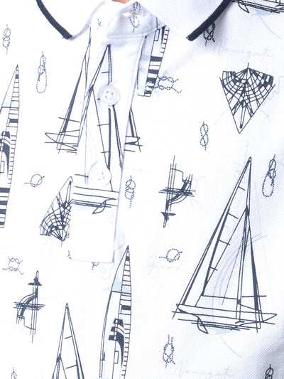 White Graphic Print Polo Neck T-Shirt-Boys T-Shirts-Crimsoune Club