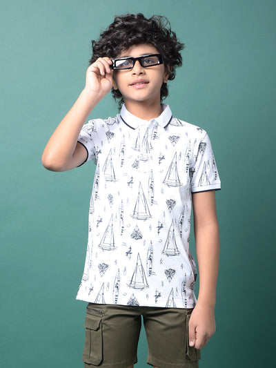 White Graphic Print Polo Neck T-Shirt-Boys T-Shirts-Crimsoune Club