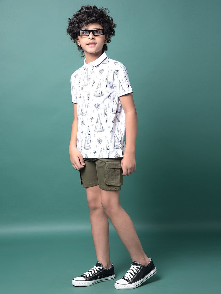 White Graphic Print Polo Neck T-Shirt-Boys T-Shirts-Crimsoune Club