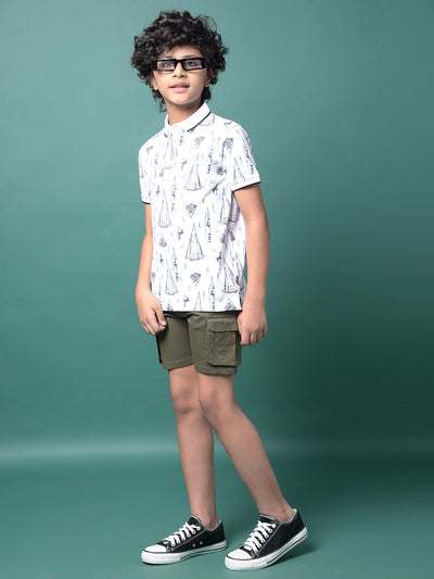 White Graphic Print Polo Neck T-Shirt-Boys T-Shirts-Crimsoune Club