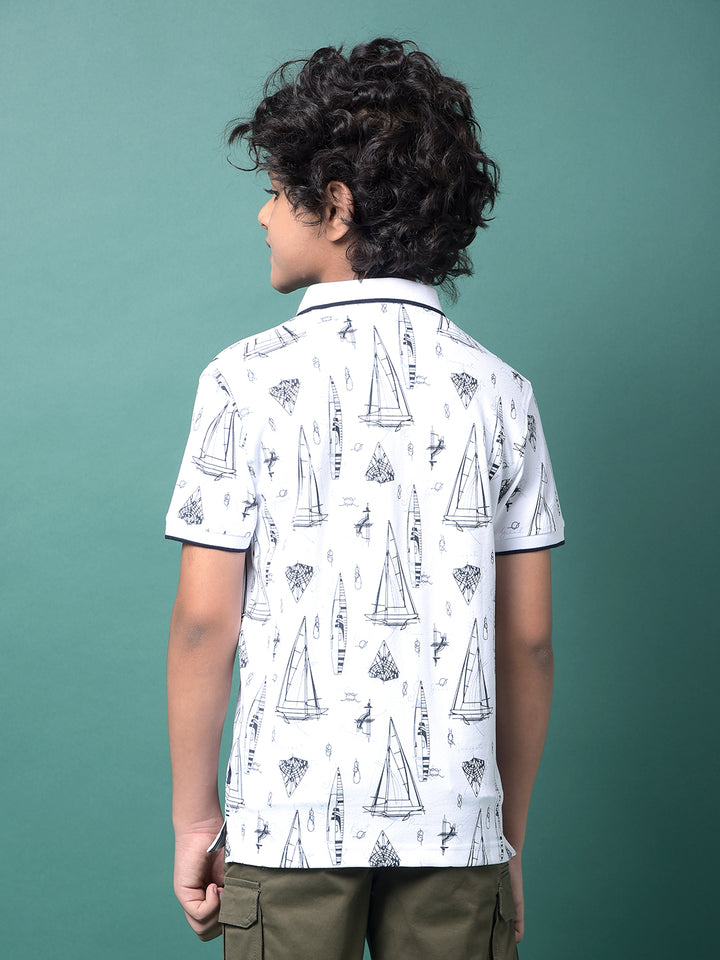 White Graphic Print Polo Neck T-Shirt-Boys T-Shirts-Crimsoune Club