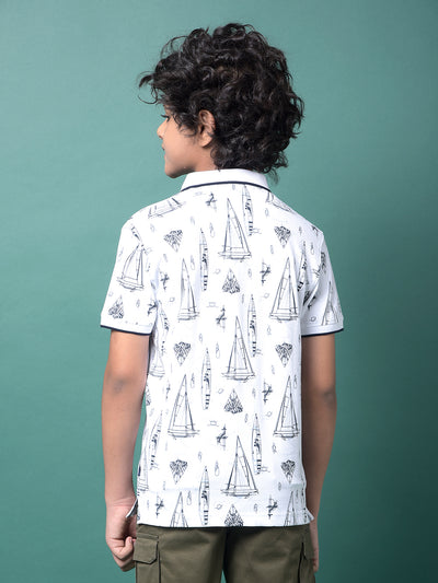 White Graphic Print Polo Neck T-Shirt-Boys T-Shirts-Crimsoune Club
