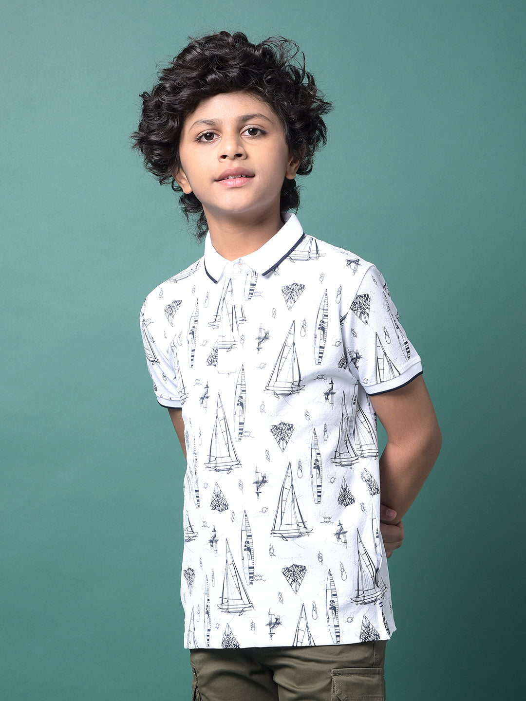 White Graphic Print Polo Neck T-Shirt-Boys T-Shirts-Crimsoune Club
