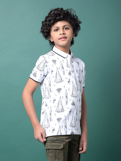 White Graphic Print Polo Neck T-Shirt-Boys T-Shirts-Crimsoune Club