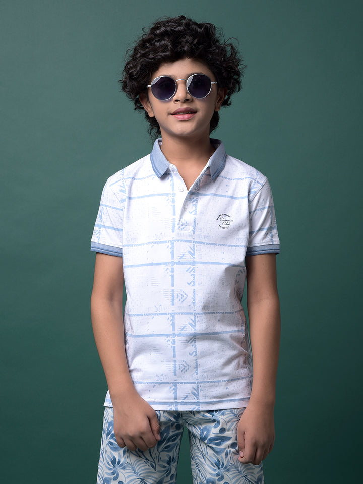Blue Printed Polo Neck T-Shirt-Boys T-Shirts-Crimsoune Club