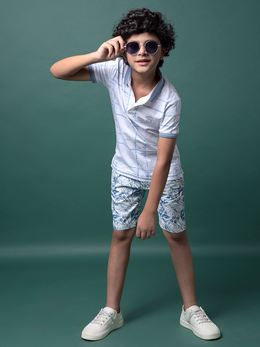 Blue Printed Polo Neck T-Shirt-Boys T-Shirts-Crimsoune Club