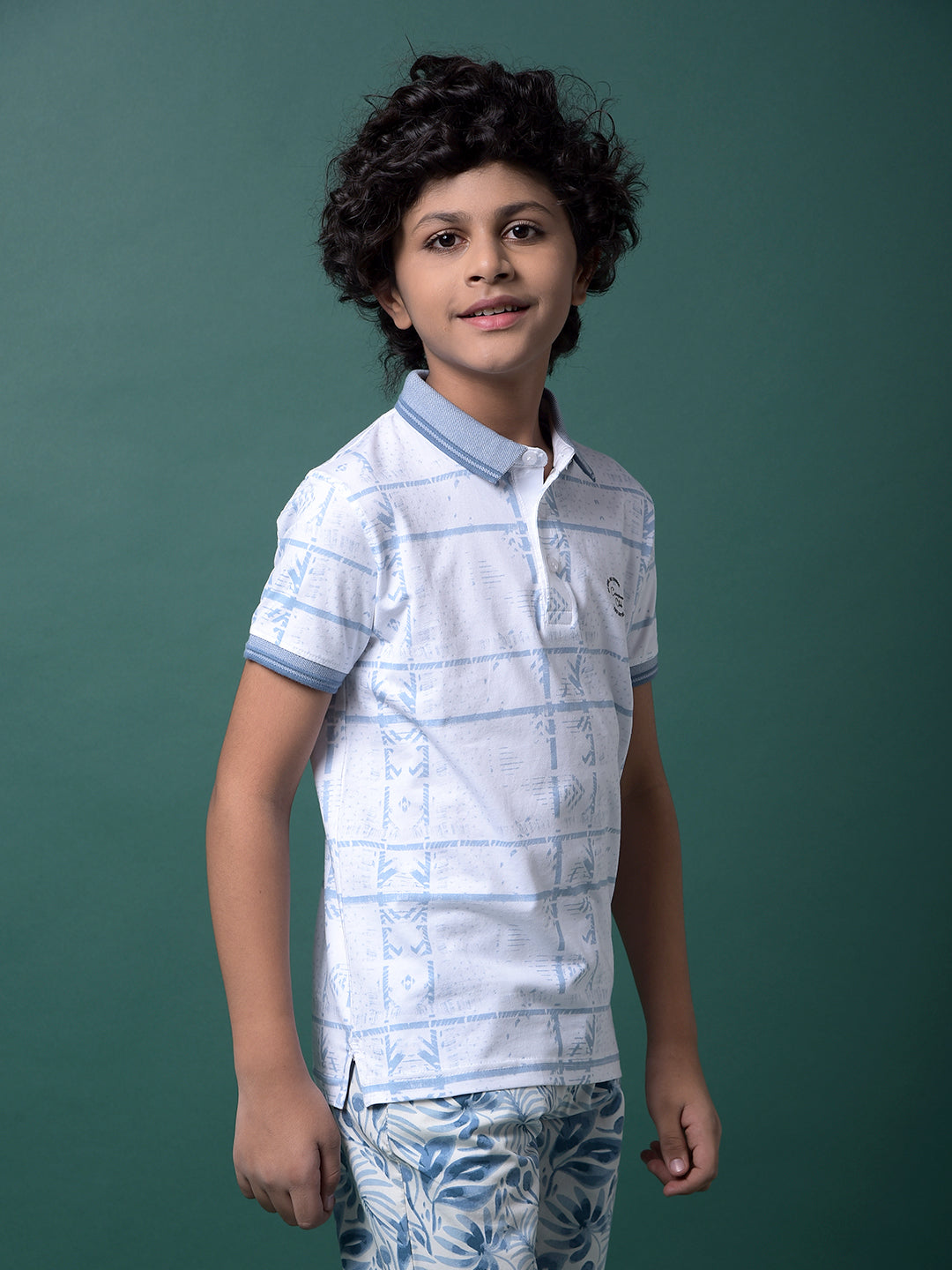 Blue Printed Polo Neck T-Shirt-Boys T-Shirts-Crimsoune Club
