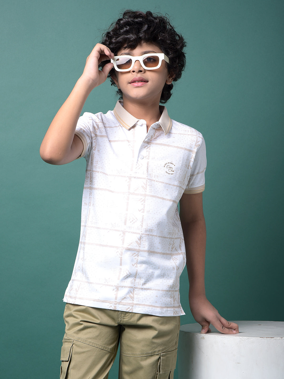 Beige Printed Polo Neck T-Shirt-Boys T-Shirts-Crimsoune Club