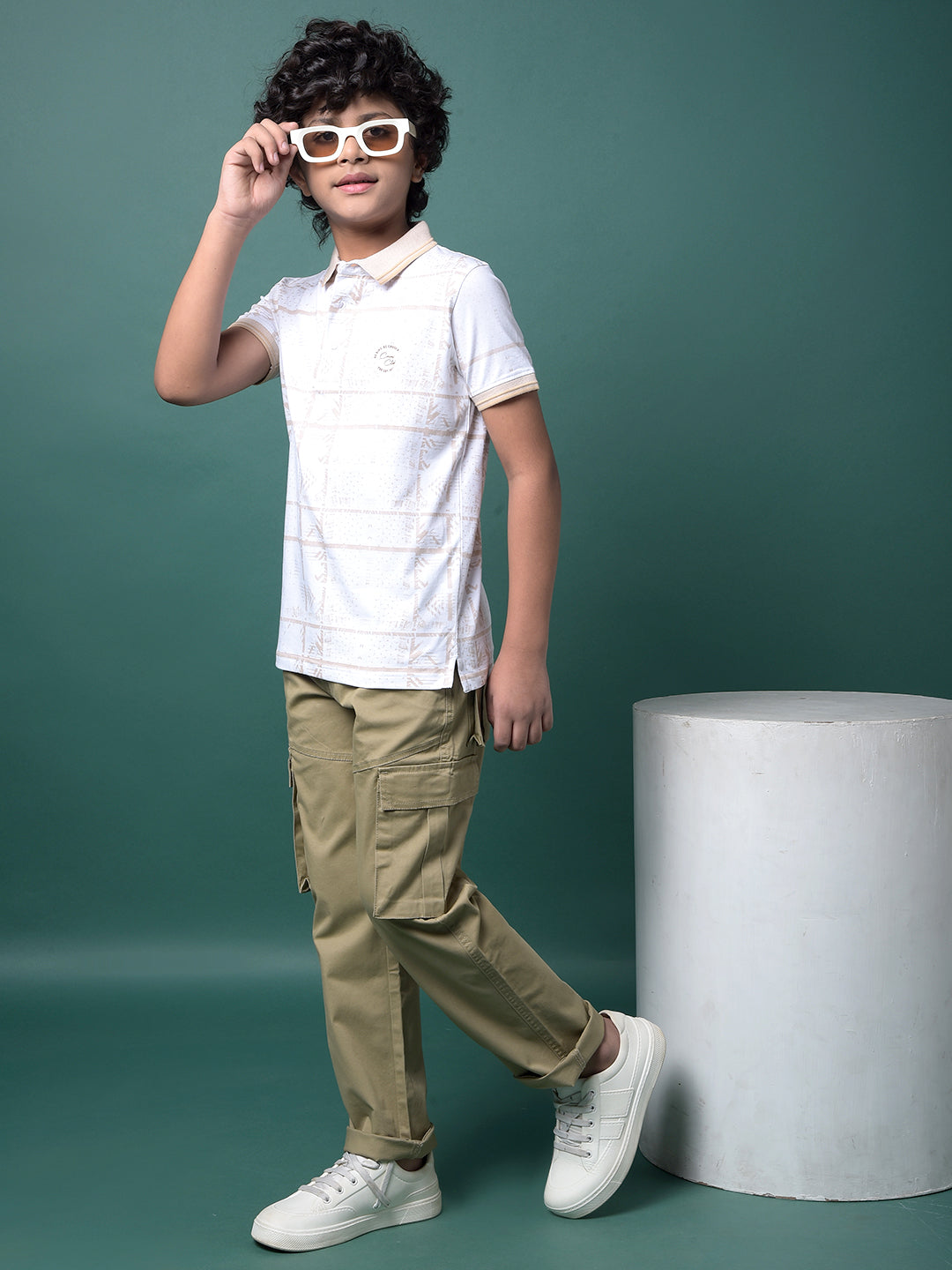 Beige Printed Polo Neck T-Shirt-Boys T-Shirts-Crimsoune Club