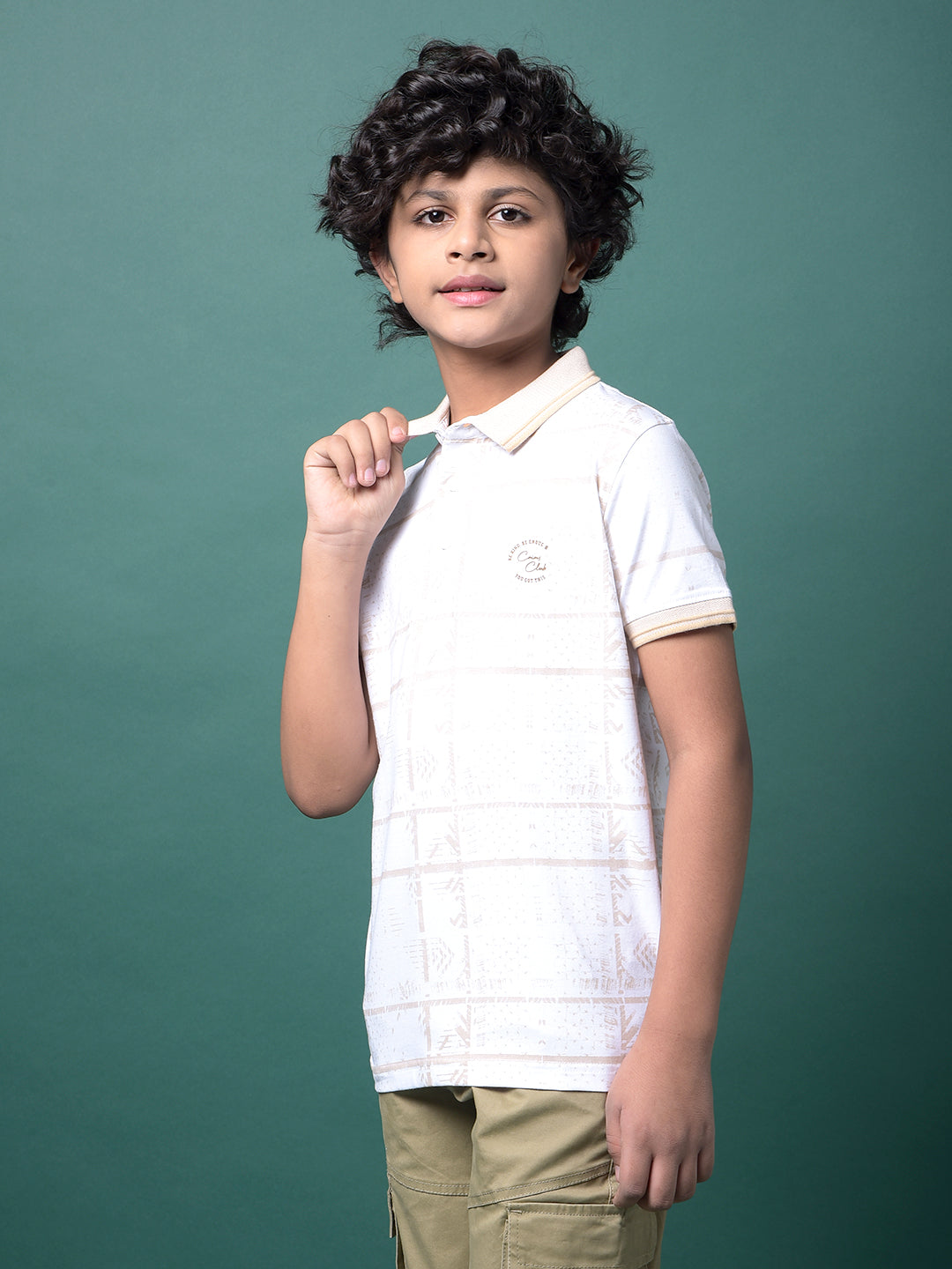 Beige Printed Polo Neck T-Shirt-Boys T-Shirts-Crimsoune Club