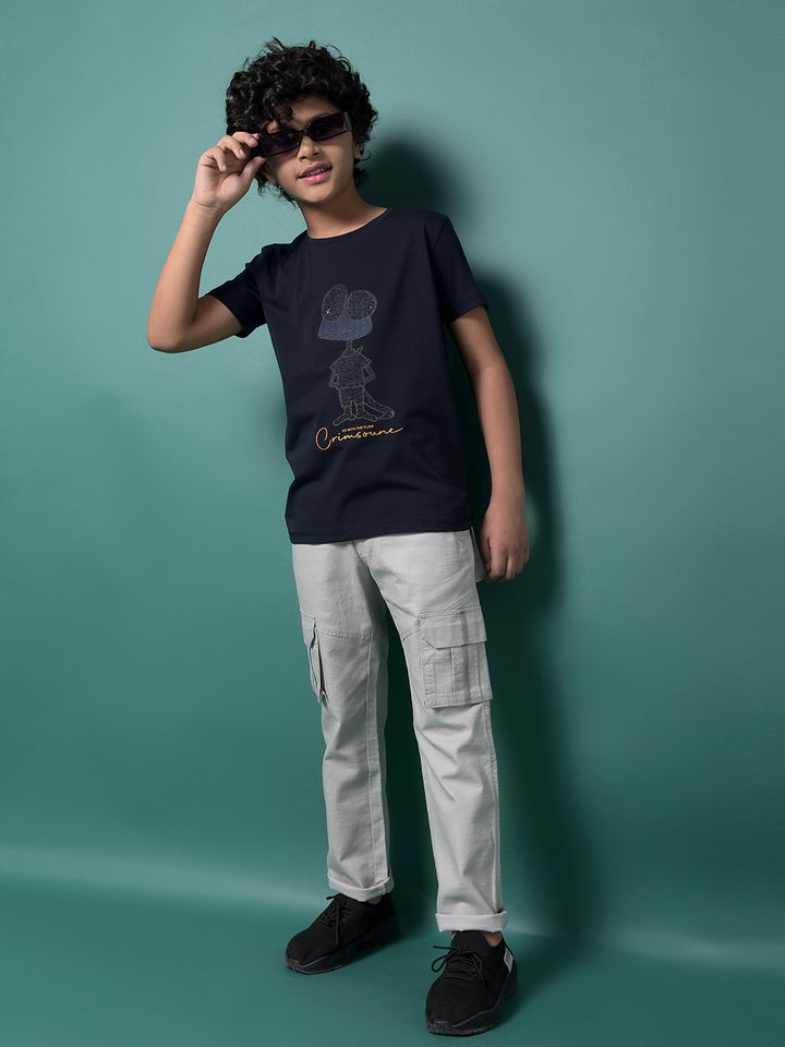 Navy Blue Embellished T-Shirt-Boys T-Shirts-Crimsoune Club