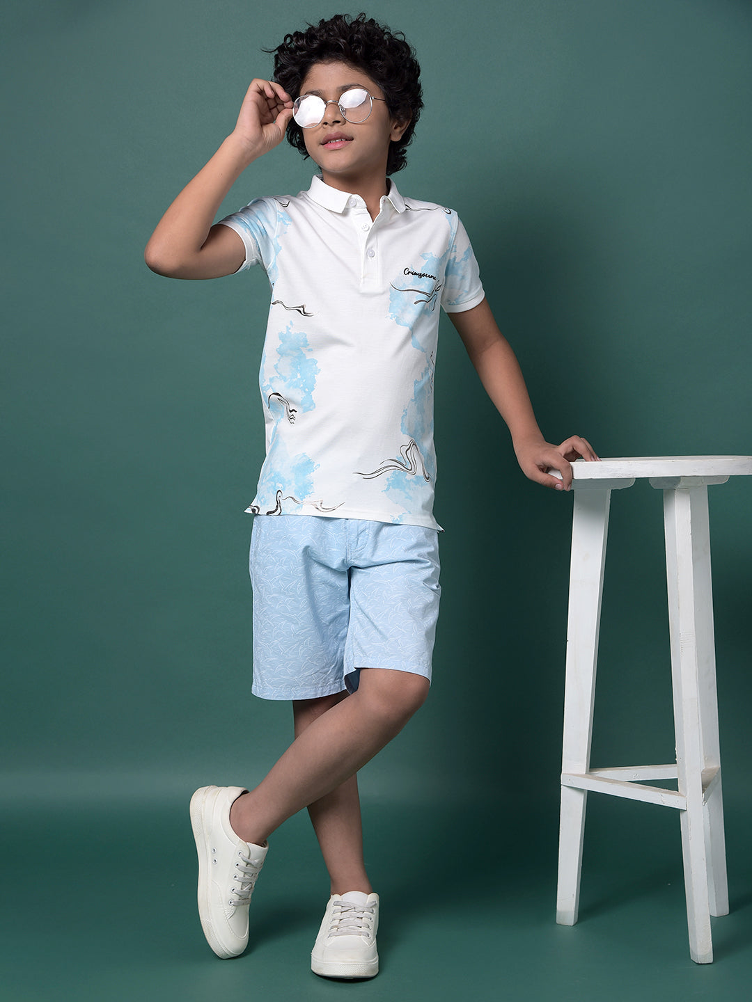 Blue Printed Polo Neck T-Shirt-Boys T-Shirts-Crimsoune Club