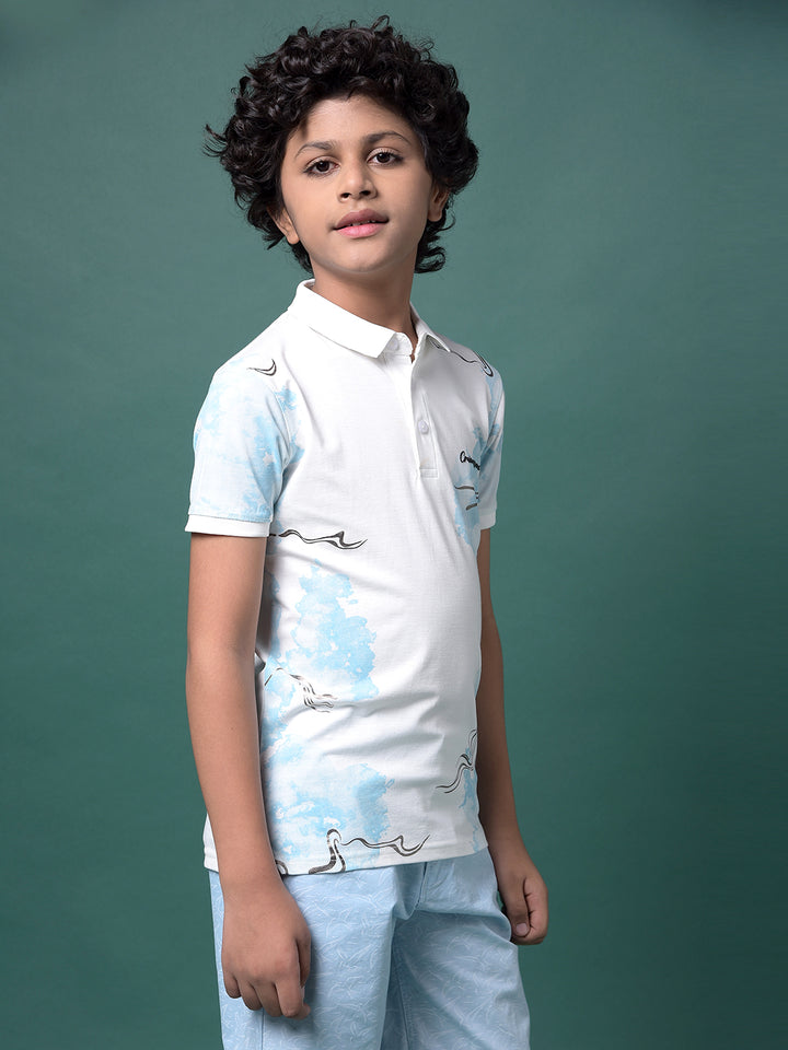 Blue Printed Polo Neck T-Shirt-Boys T-Shirts-Crimsoune Club