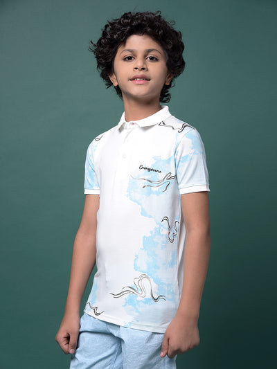Blue Printed Polo Neck T-Shirt-Boys T-Shirts-Crimsoune Club