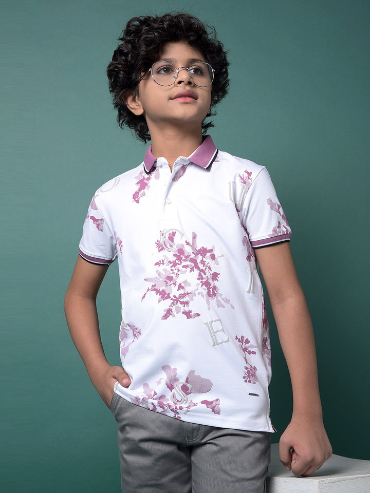 Purple Floral Print Polo Neck T-Shirt-Boys T-Shirts-Crimsoune Club