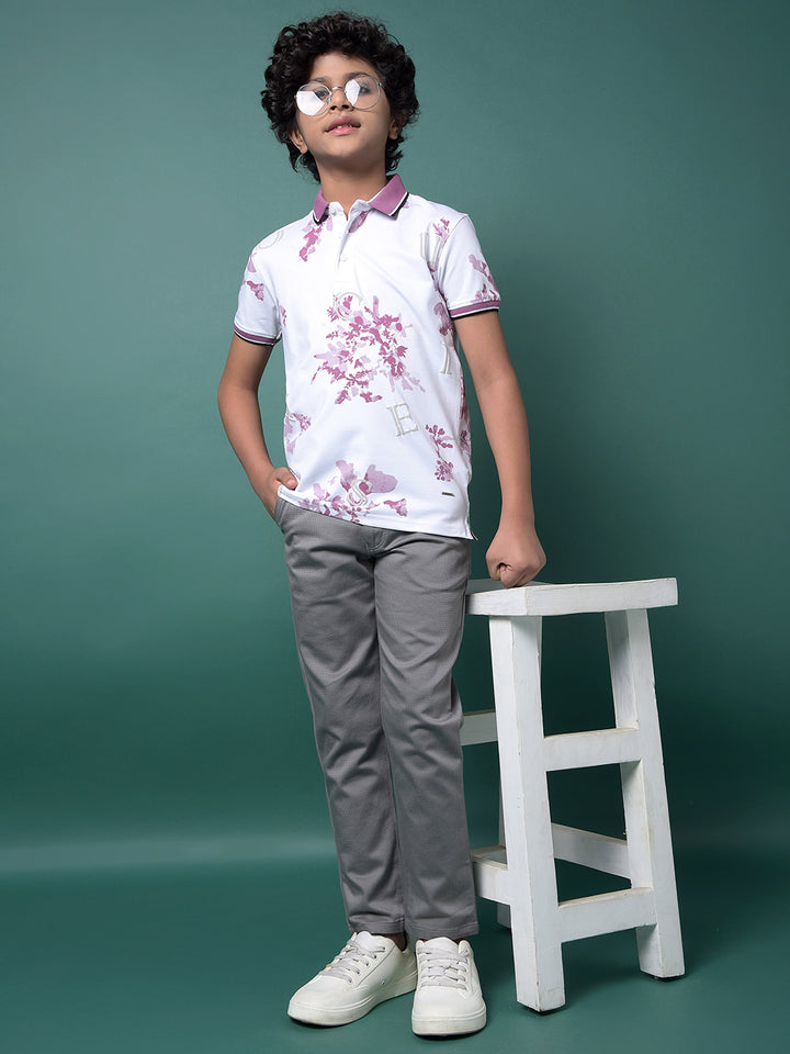 Purple Floral Print Polo Neck T-Shirt-Boys T-Shirts-Crimsoune Club