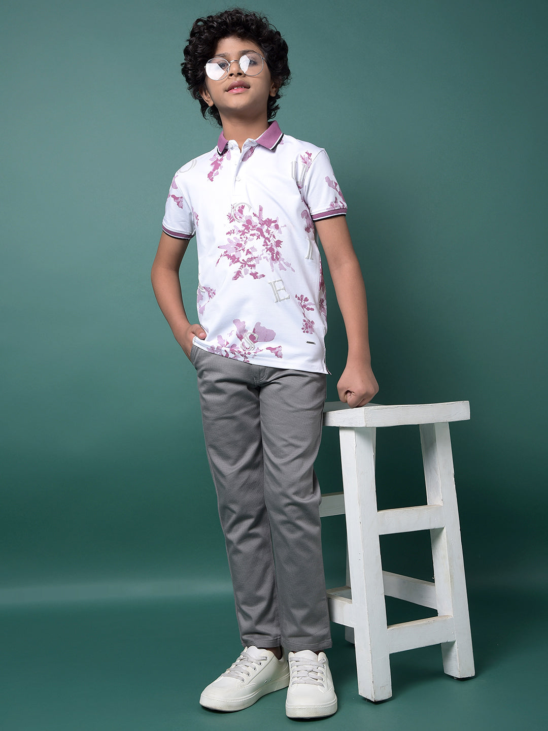 Purple Floral Print Polo Neck T-Shirt-Boys T-Shirts-Crimsoune Club