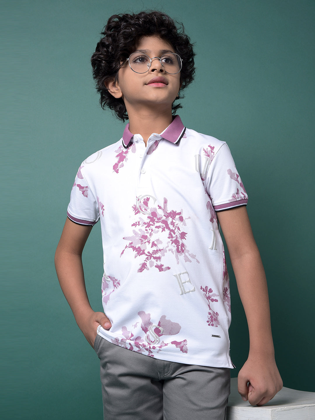 Purple Floral Print Polo Neck T-Shirt-Boys T-Shirts-Crimsoune Club