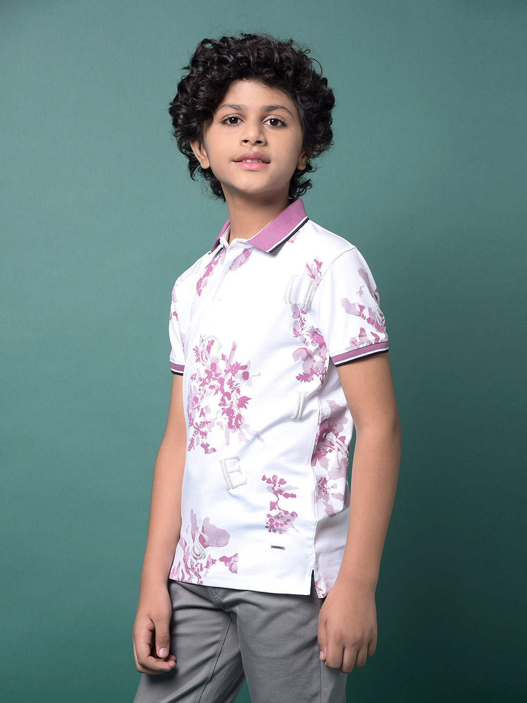 Purple Floral Print Polo Neck T-Shirt-Boys T-Shirts-Crimsoune Club