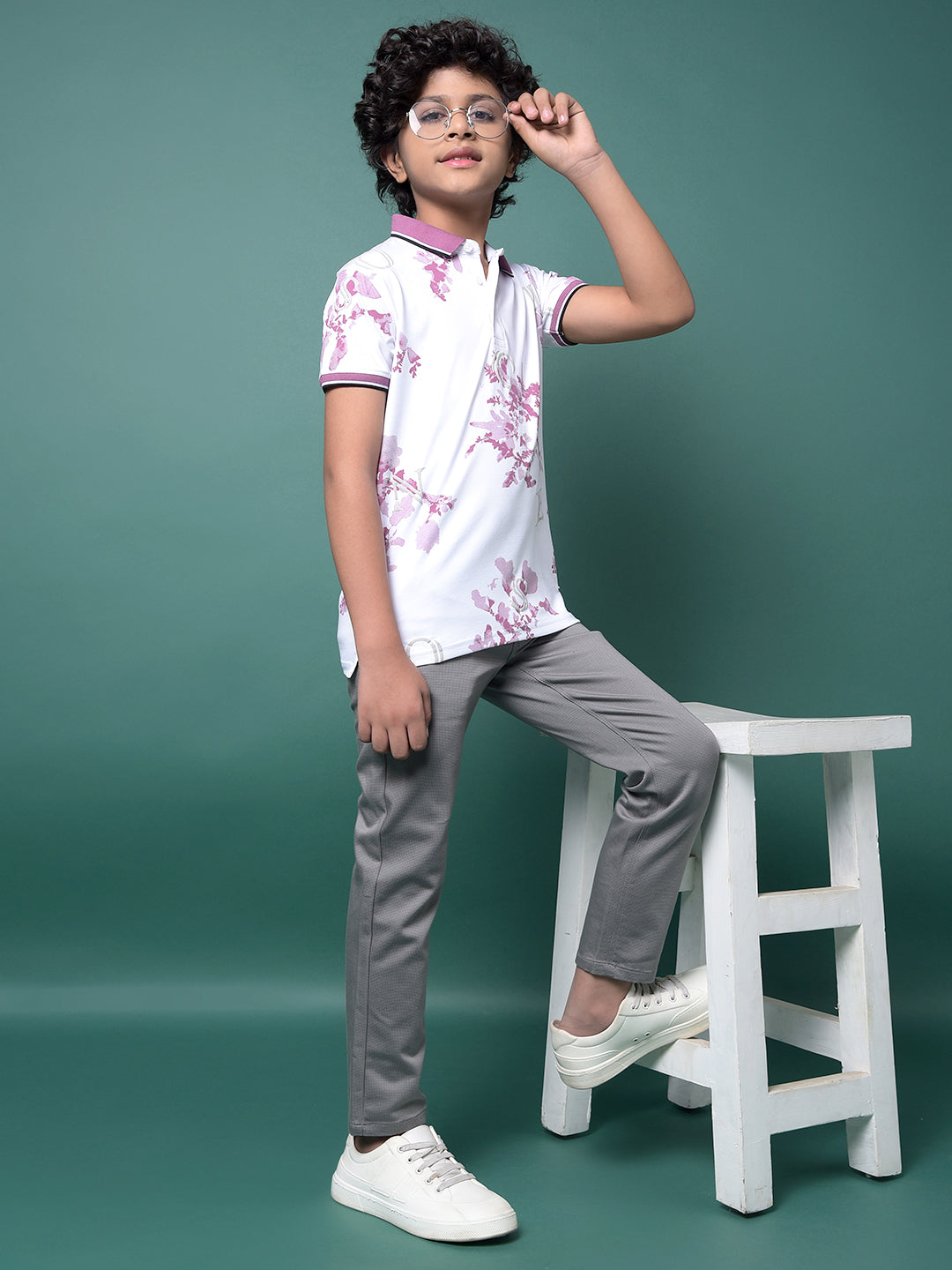 Purple Floral Print Polo Neck T-Shirt-Boys T-Shirts-Crimsoune Club