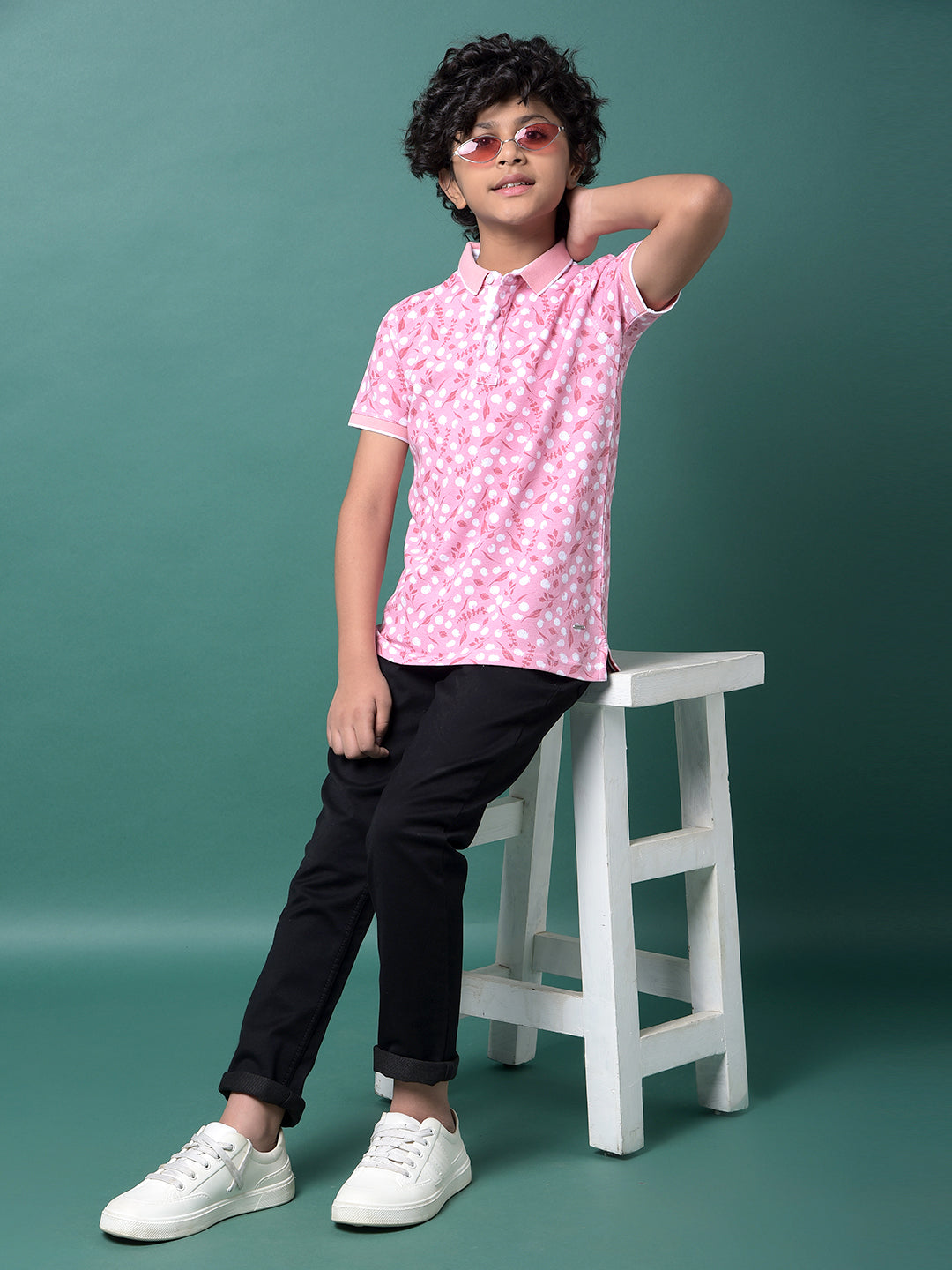 Pink Floral Print Polo Neck T-Shirt-Boys T-Shirts-Crimsoune Club