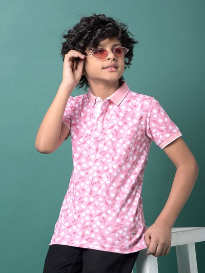 Pink Floral Print Polo Neck T-Shirt-Boys T-Shirts-Crimsoune Club