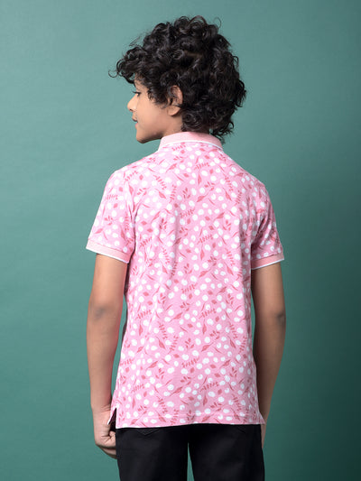 Pink Floral Print Polo Neck T-Shirt-Boys T-Shirts-Crimsoune Club
