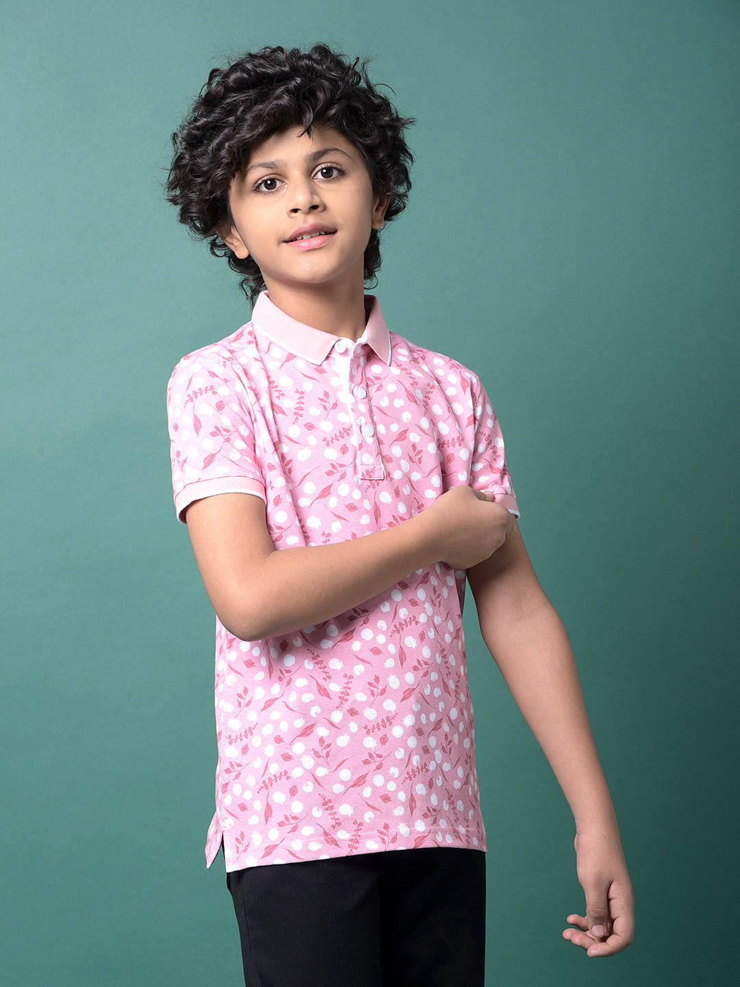Pink Floral Print Polo Neck T-Shirt-Boys T-Shirts-Crimsoune Club