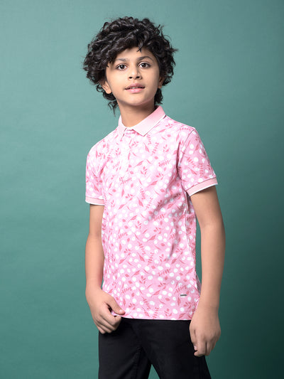 Pink Floral Print Polo Neck T-Shirt-Boys T-Shirts-Crimsoune Club