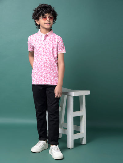 Pink Floral Print Polo Neck T-Shirt-Boys T-Shirts-Crimsoune Club