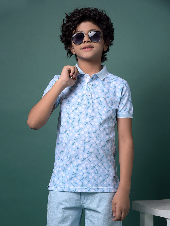 Blue Floral Print Polo Neck T-Shirt-Boys T-Shirts-Crimsoune Club