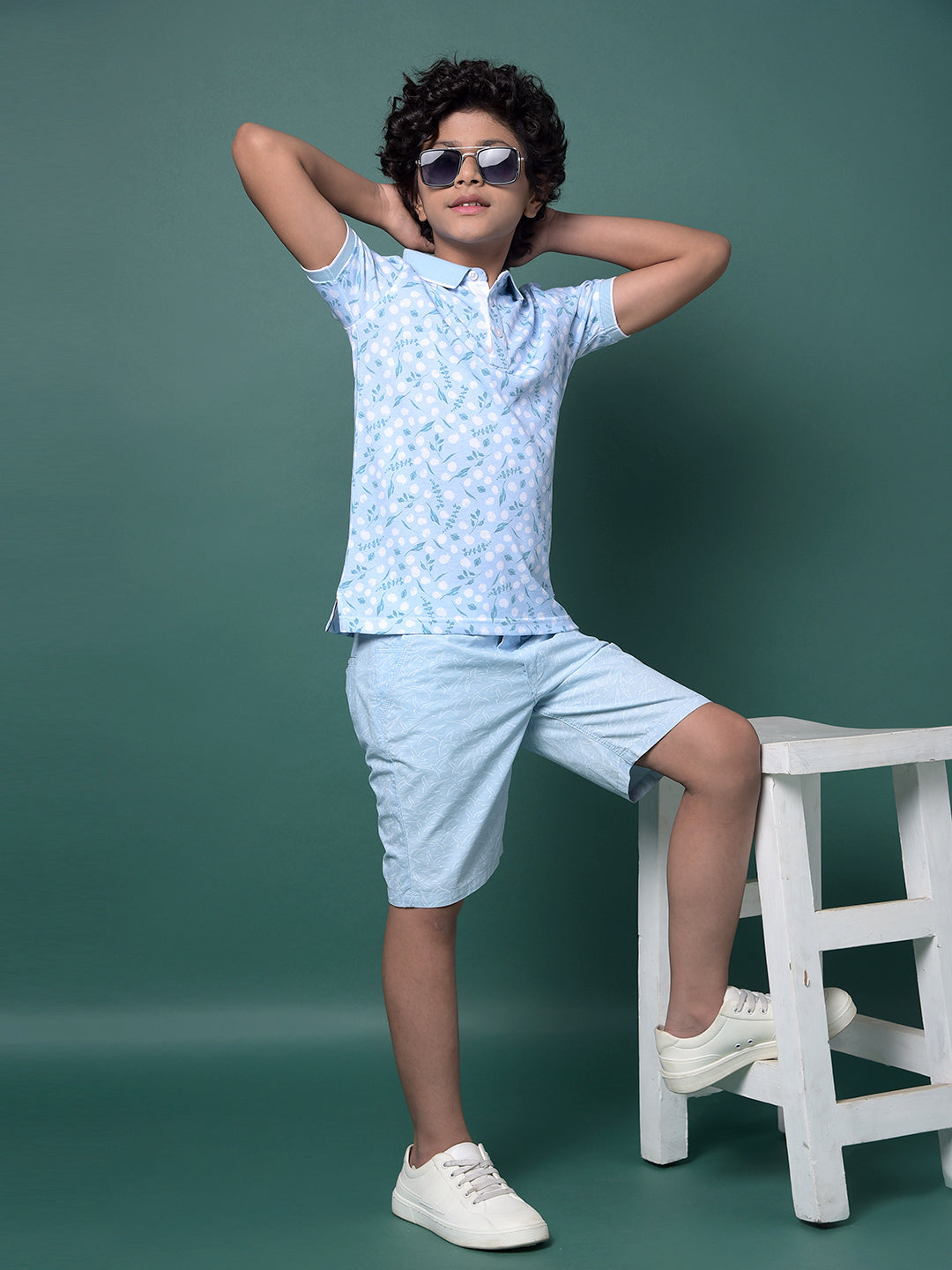 Blue Floral Print Polo Neck T-Shirt-Boys T-Shirts-Crimsoune Club