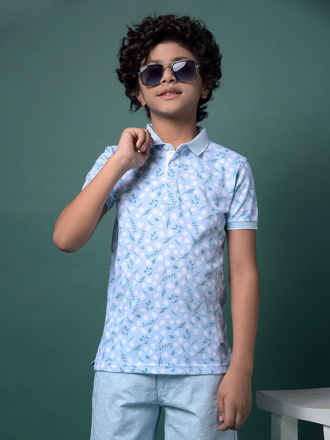 Blue Floral Print Polo Neck T-Shirt-Boys T-Shirts-Crimsoune Club