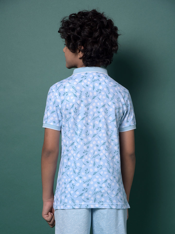 Blue Floral Print Polo Neck T-Shirt-Boys T-Shirts-Crimsoune Club