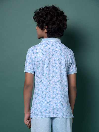 Blue Floral Print Polo Neck T-Shirt-Boys T-Shirts-Crimsoune Club