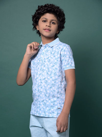 Blue Floral Print Polo Neck T-Shirt-Boys T-Shirts-Crimsoune Club