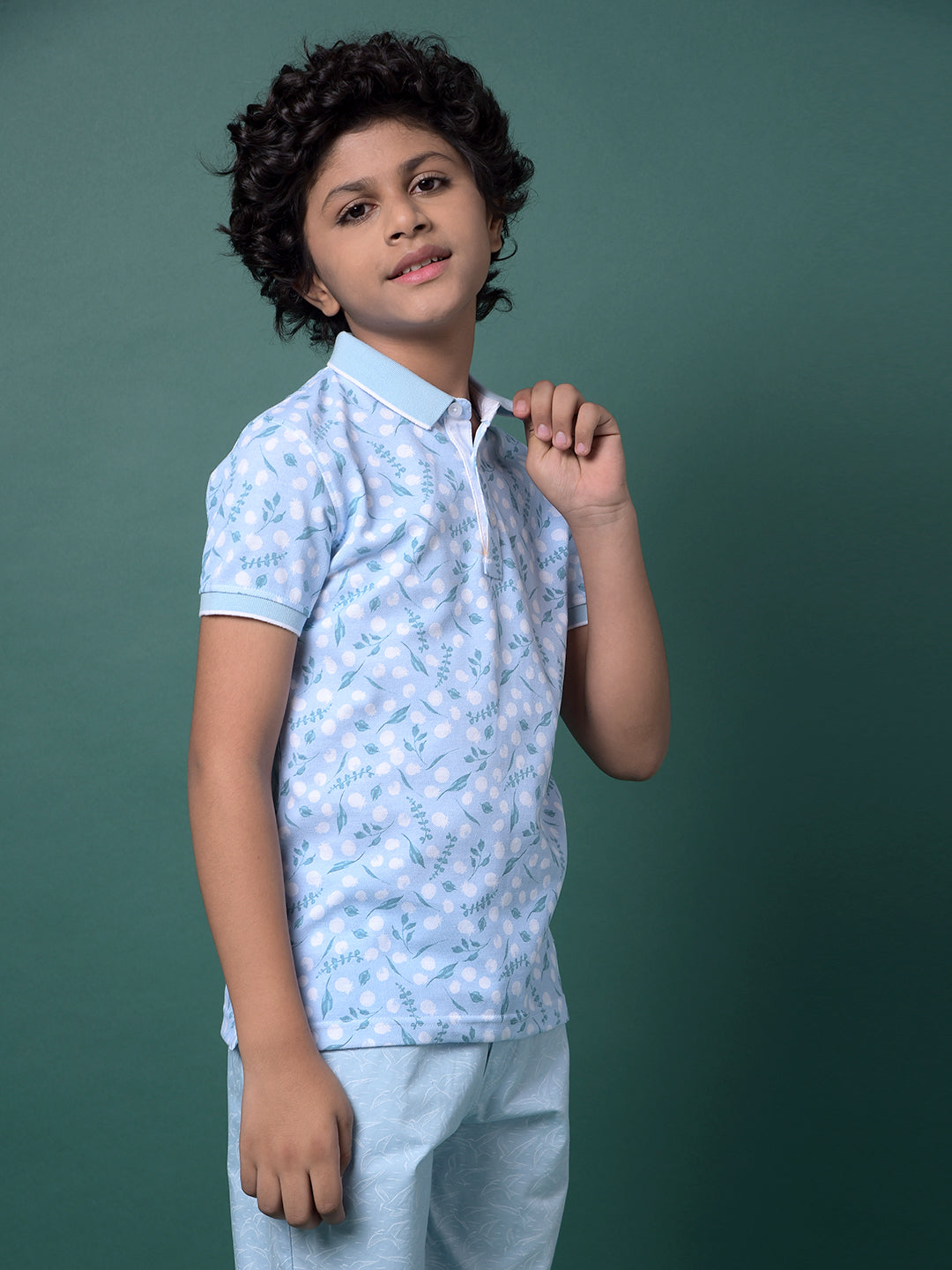 Blue Floral Print Polo Neck T-Shirt-Boys T-Shirts-Crimsoune Club