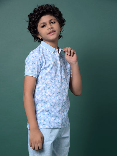 Blue Floral Print Polo Neck T-Shirt-Boys T-Shirts-Crimsoune Club