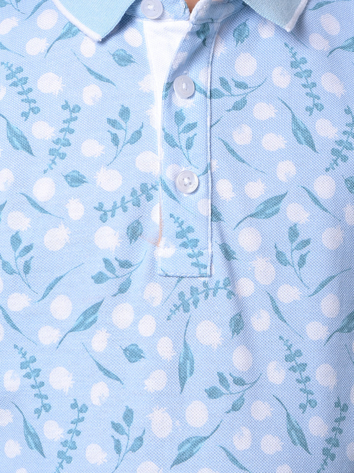 Blue Floral Print Polo Neck T-Shirt-Boys T-Shirts-Crimsoune Club