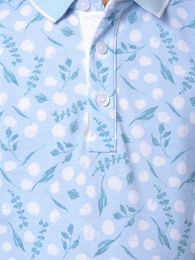 Blue Floral Print Polo Neck T-Shirt-Boys T-Shirts-Crimsoune Club