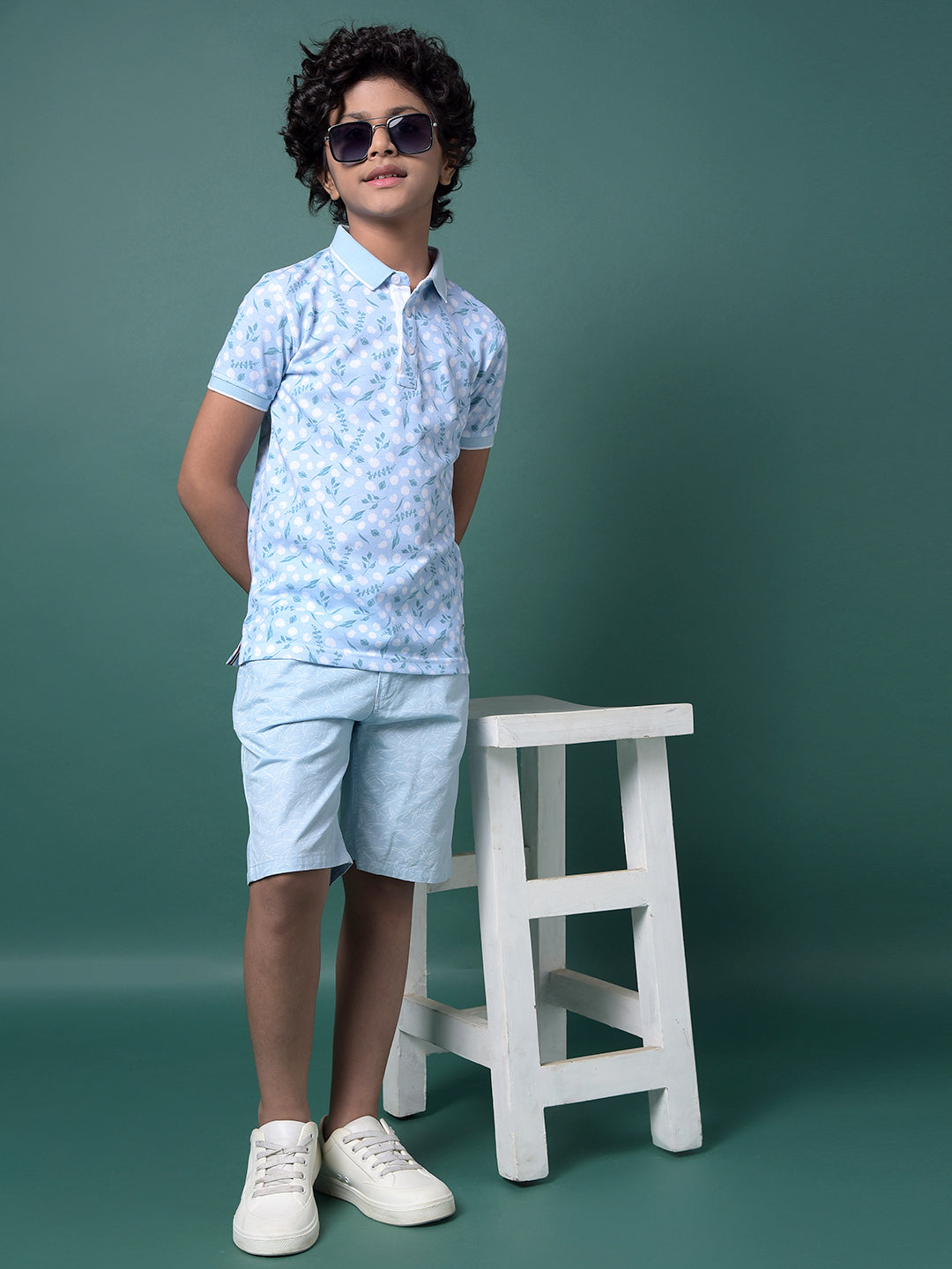 Blue Floral Print Polo Neck T-Shirt-Boys T-Shirts-Crimsoune Club