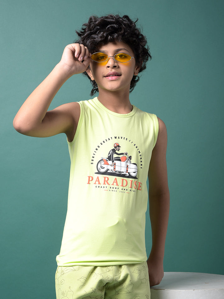 Green Graphic Print Sleeveless T-Shirt-Boys T-Shirts-Crimsoune Club