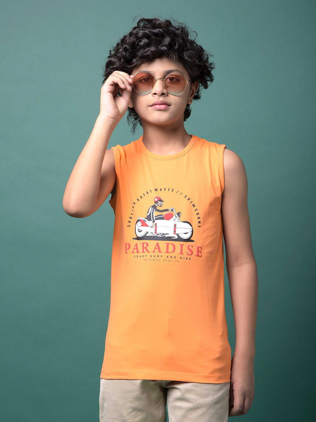 Orange Graphic Print Sleeveless T-Shirt-Boys T-Shirts-Crimsoune Club