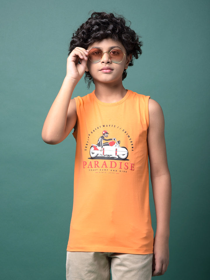 Orange Graphic Print Sleeveless T-Shirt-Boys T-Shirts-Crimsoune Club