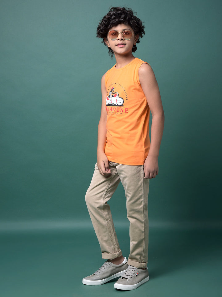 Orange Graphic Print Sleeveless T-Shirt-Boys T-Shirts-Crimsoune Club