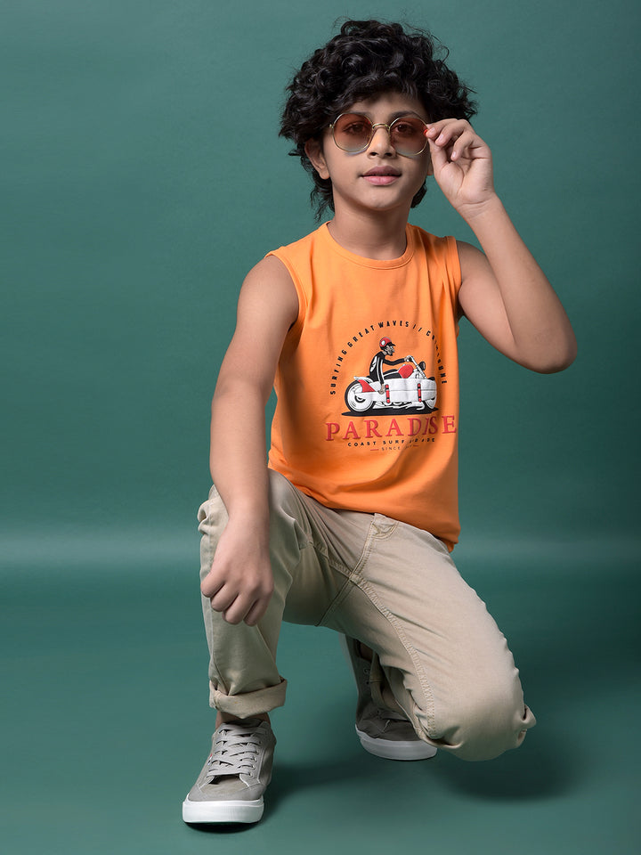 Orange Graphic Print Sleeveless T-Shirt-Boys T-Shirts-Crimsoune Club