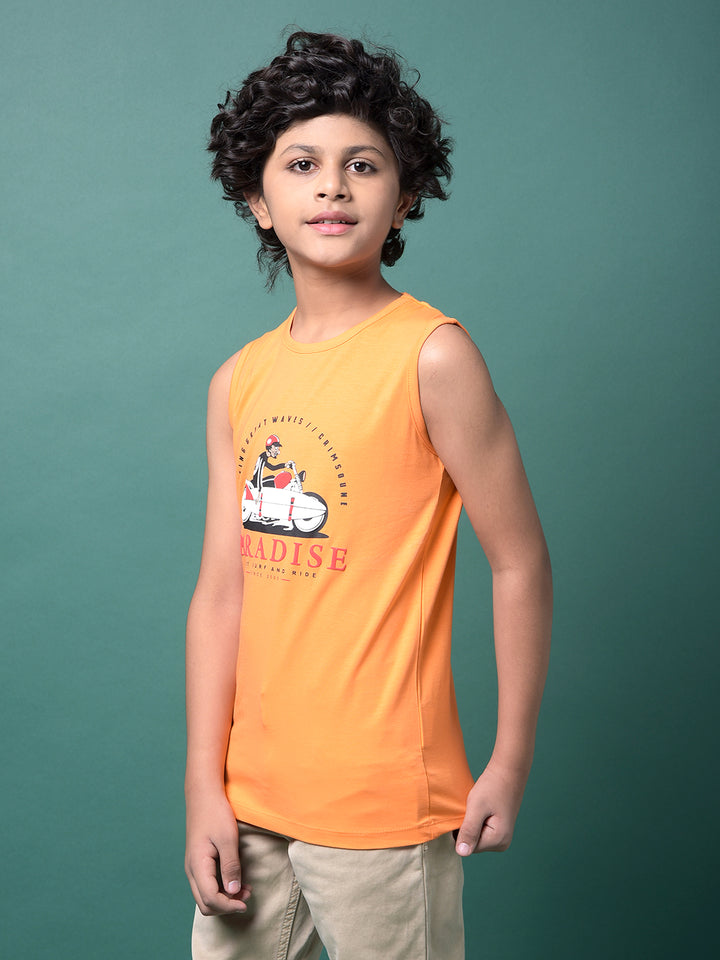 Orange Graphic Print Sleeveless T-Shirt-Boys T-Shirts-Crimsoune Club