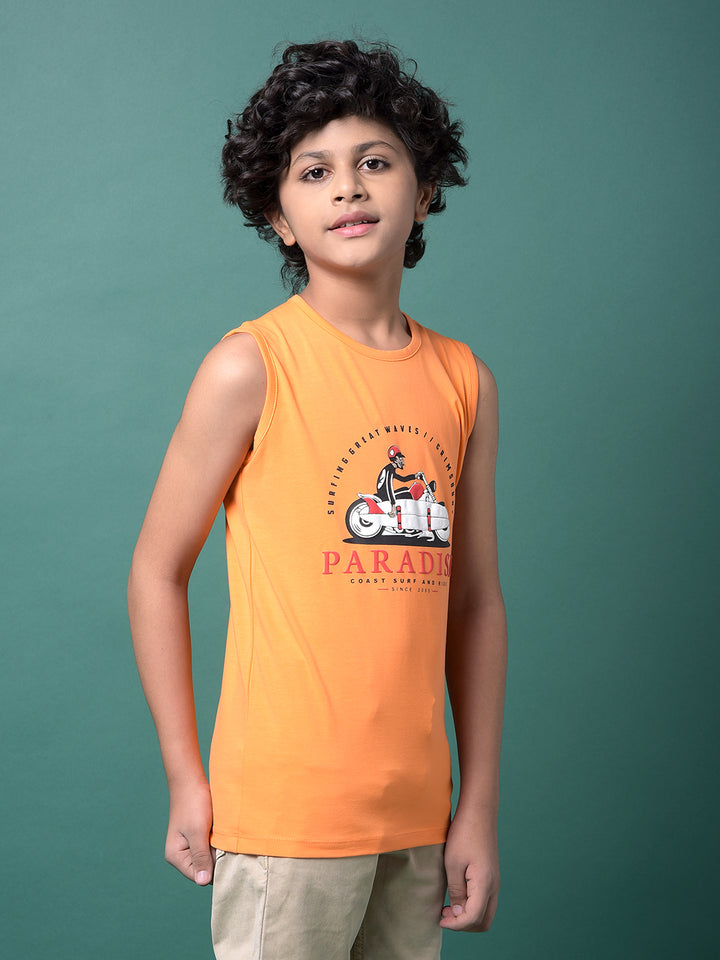 Orange Graphic Print Sleeveless T-Shirt-Boys T-Shirts-Crimsoune Club