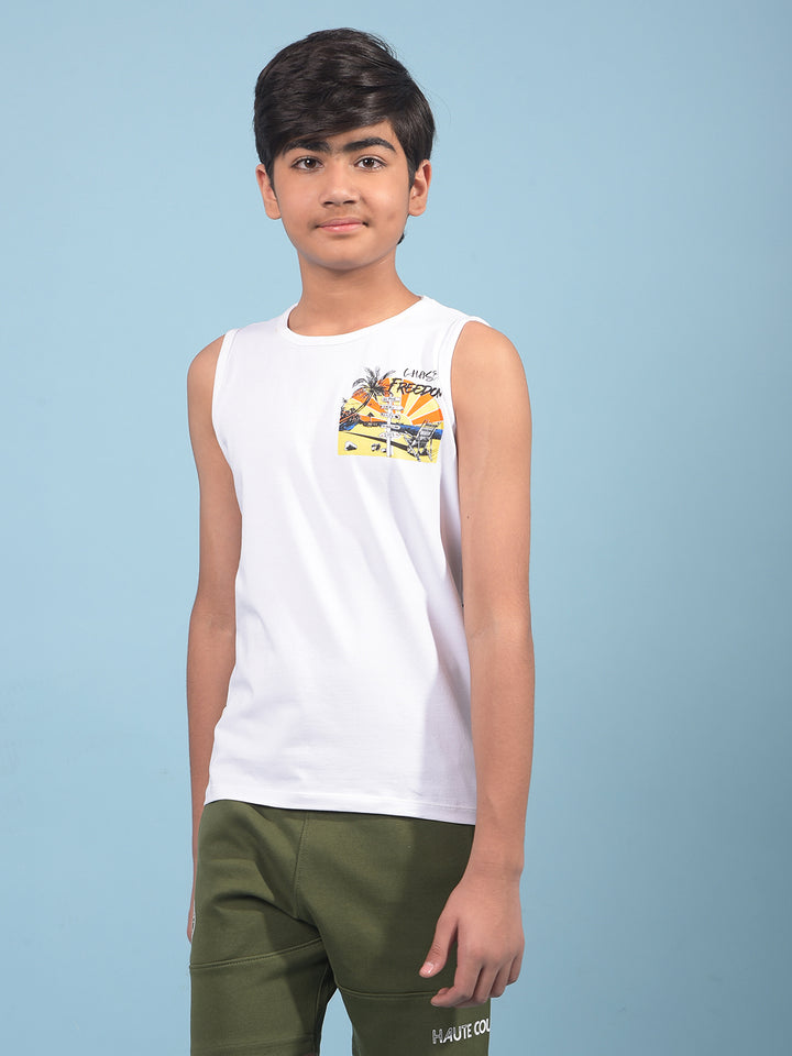 White Graphic Print Sleeveless T-Shirt-Boys T-Shirts-Crimsoune Club