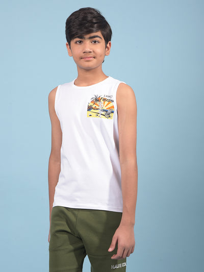 White Graphic Print Sleeveless T-Shirt-Boys T-Shirts-Crimsoune Club